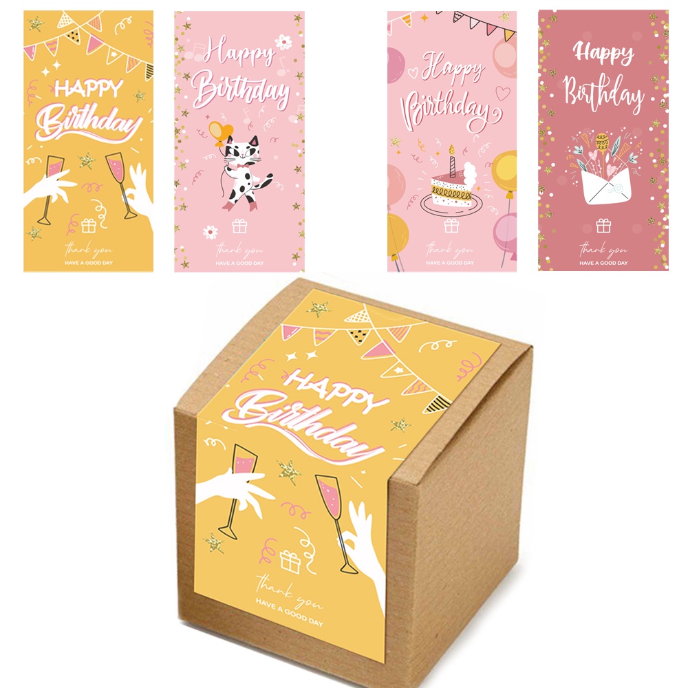 50pcs/pack pink cute Happy birthday Rectangle Sticker Gift Box Sealed ...
