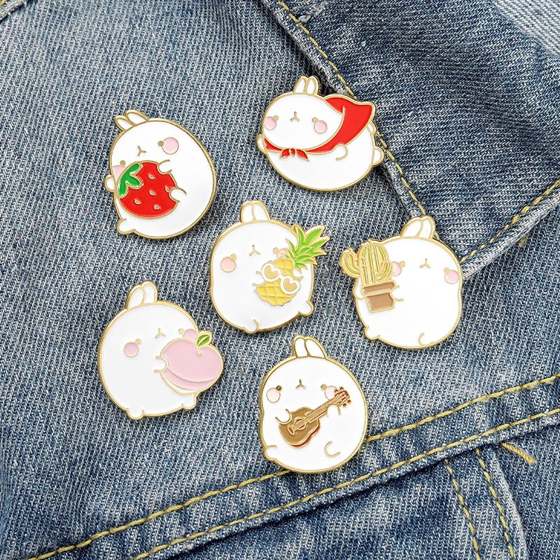 Cartoon White Rabbit Enamel Pin Cactus Peach Guitar Brooches for Women ...