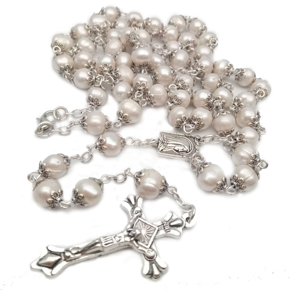 Natural Freshwater Pearl Rosary Necklace High end Cross Christian