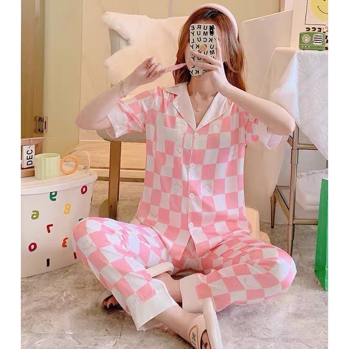 QQS Korean Silk Short Sleeve Cute Printed Comfortable Pajamas Nightwear Loungewear Fet for Women Sex Shopee Philippines