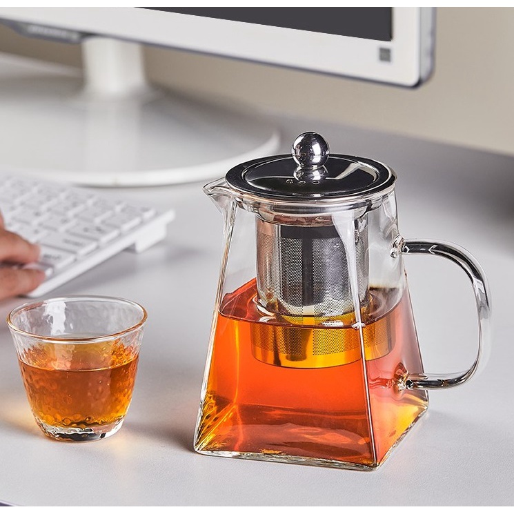 Transparent kettle, glass kettle with stainless steel leaky, open heat  kettle, square teapot set, large capacity flower - Main Image