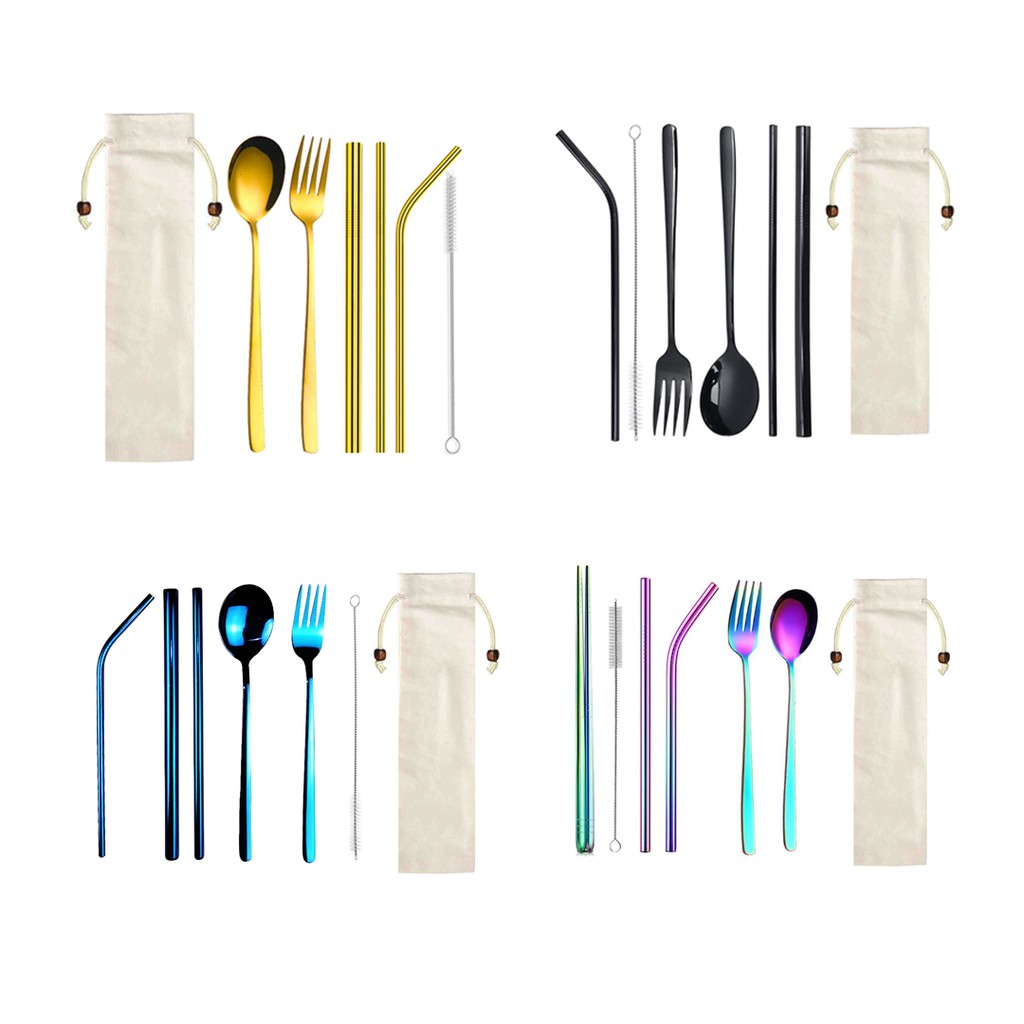 Stainless Steel Spoon, Fork , Straw and Brush with Pouch Portable