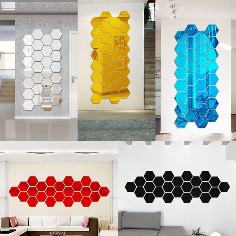 JT5 12pcs Mirror Stickers Removable Hexagon Vinyl Wall Decar Fashion ...