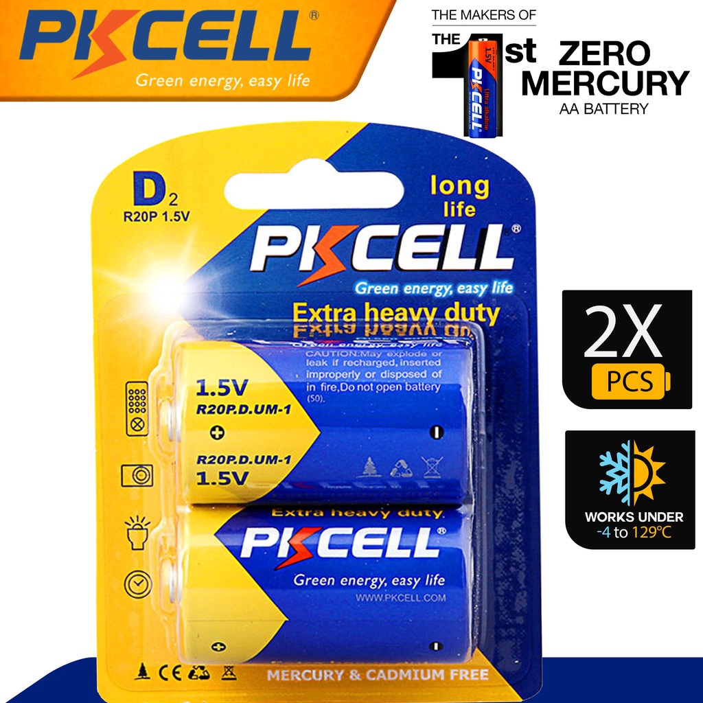 PKCELL 2pcs D size battery (R20P) UM1 1.5v Zinc Carbon Batteries Single