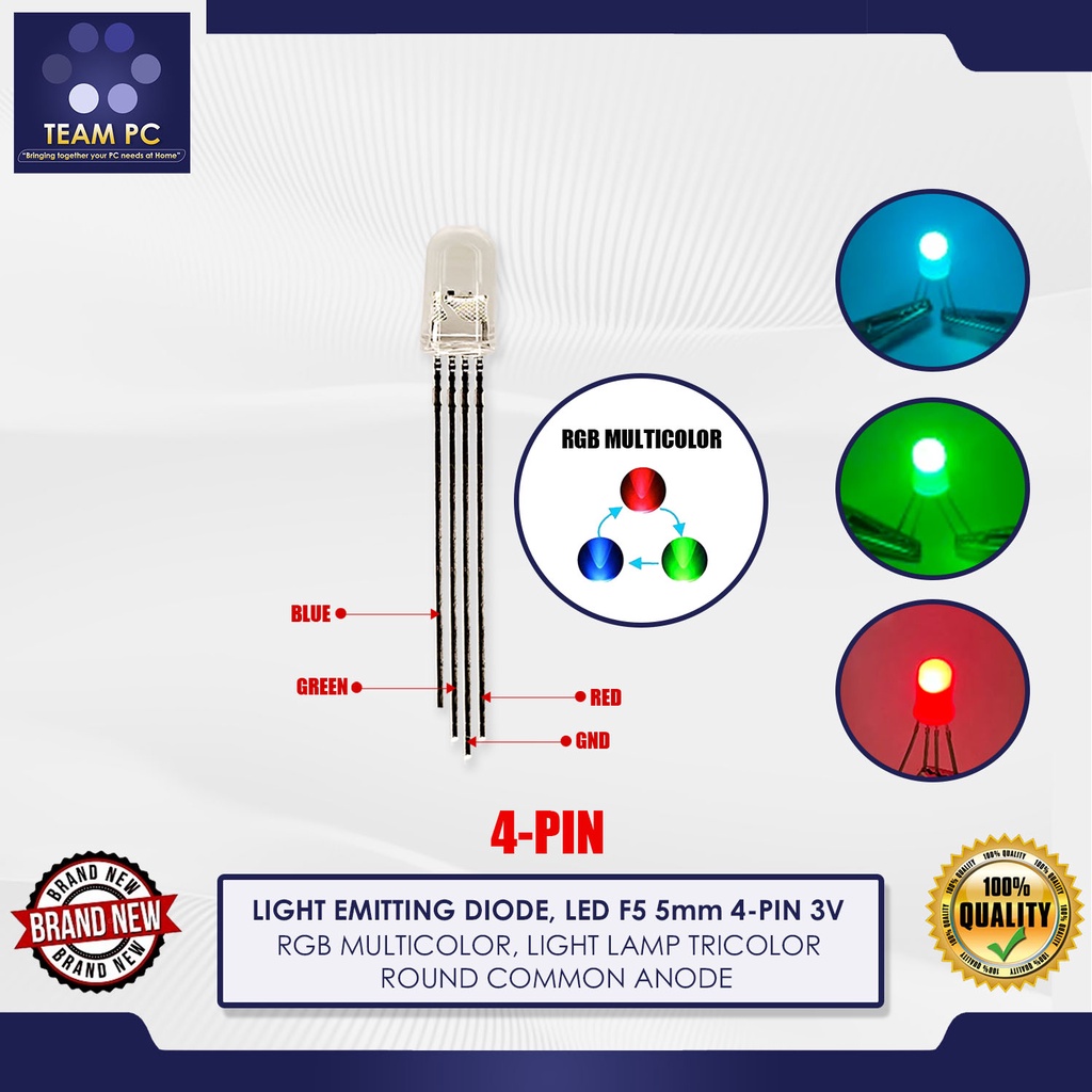 LIGHT EMITTING DIODE, LED F5 5mm 4-PIN 3V RGB MULTICOLOR, LIGHT LAMP ...