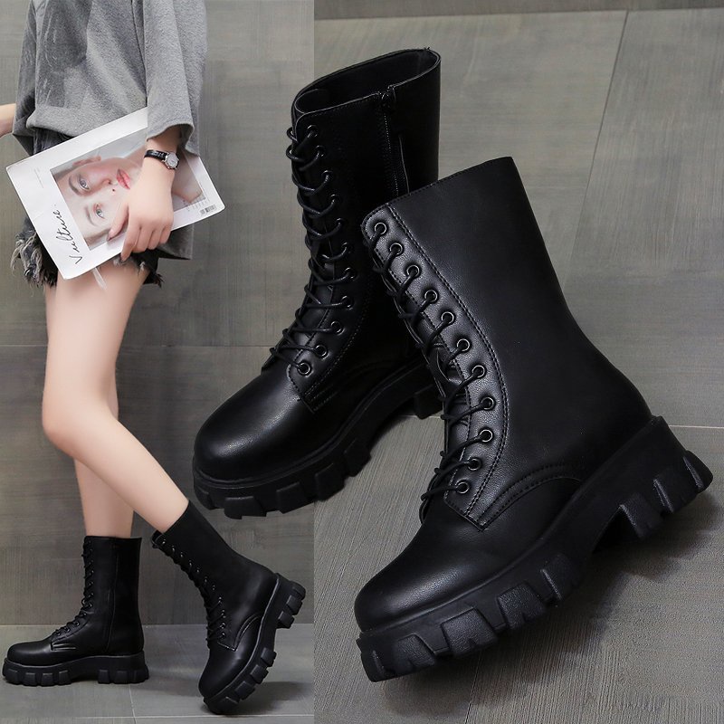 Women's high-top lace-up martin boots leather lace-up thick-soled boots ...