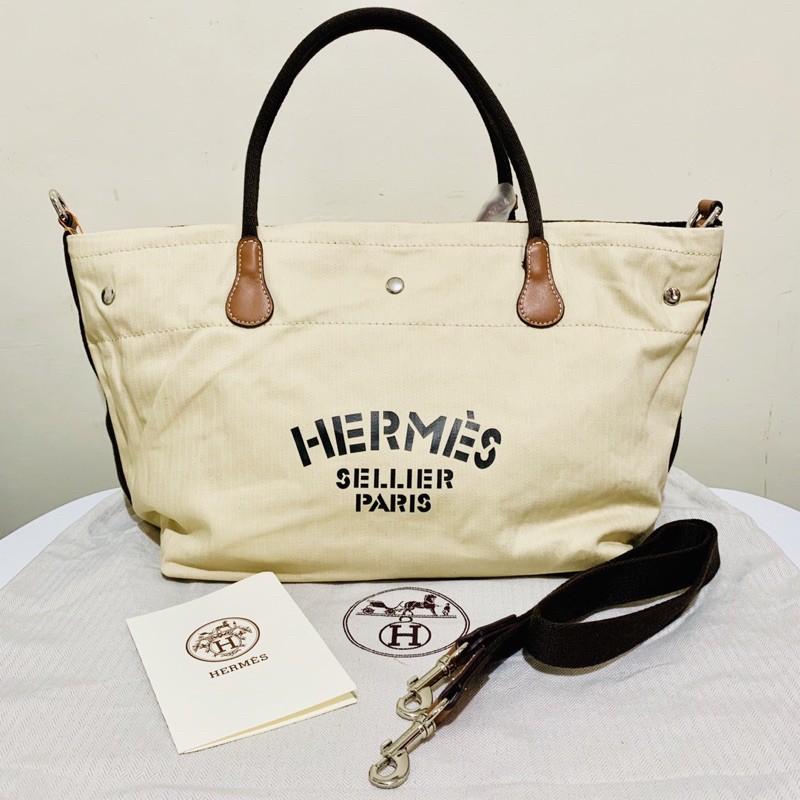 SD COD Hermes Fourre Tout Du Cavalier Canvas Tote Bag with Pouch