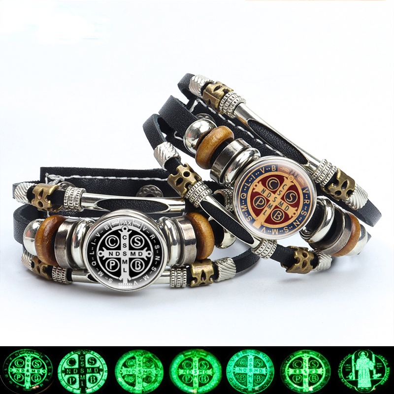 Luminous Saint Benedict Medallion Leather Bracelet Man Catholic San ...