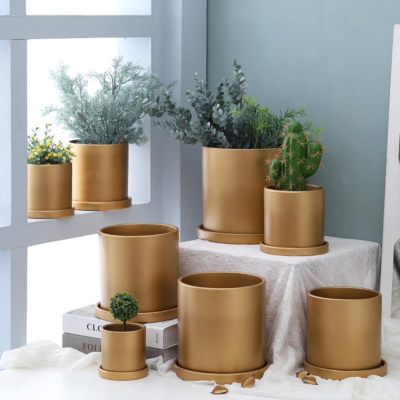 Nordic Matte Gold Straight Ceramic Flower Pot with Tray Cylindrical ...
