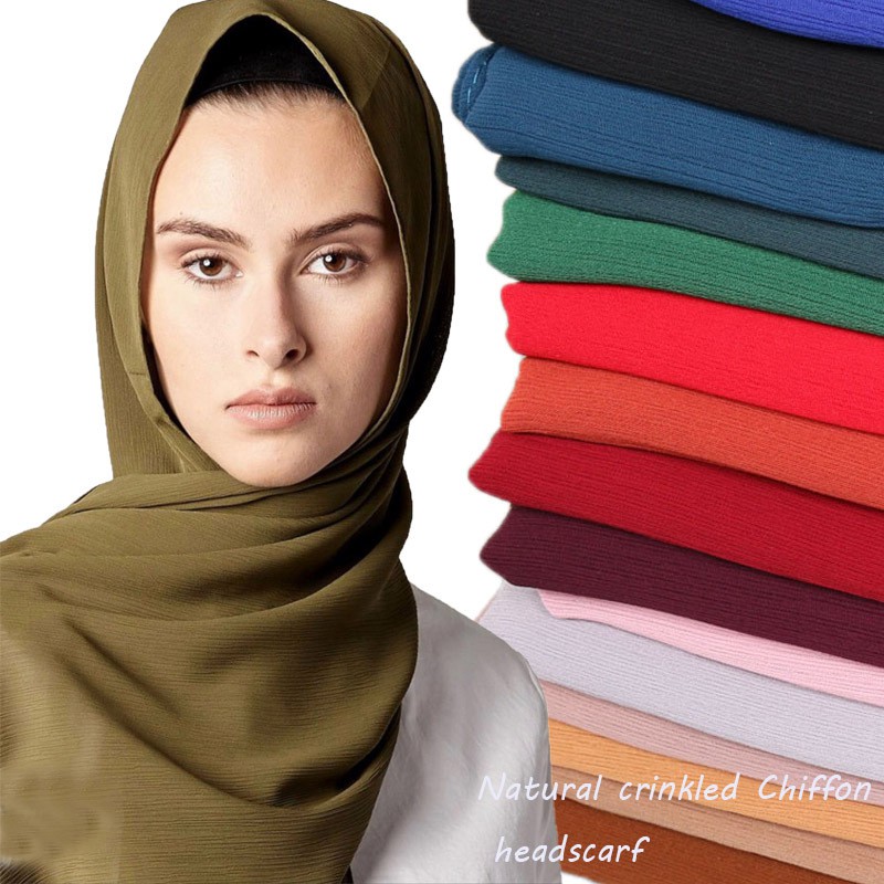 Women Solid Plain Crepe Chiffon Hijab Scarf Wraps Soft Long Islam Shawls Muslim Crinkle Chiffon