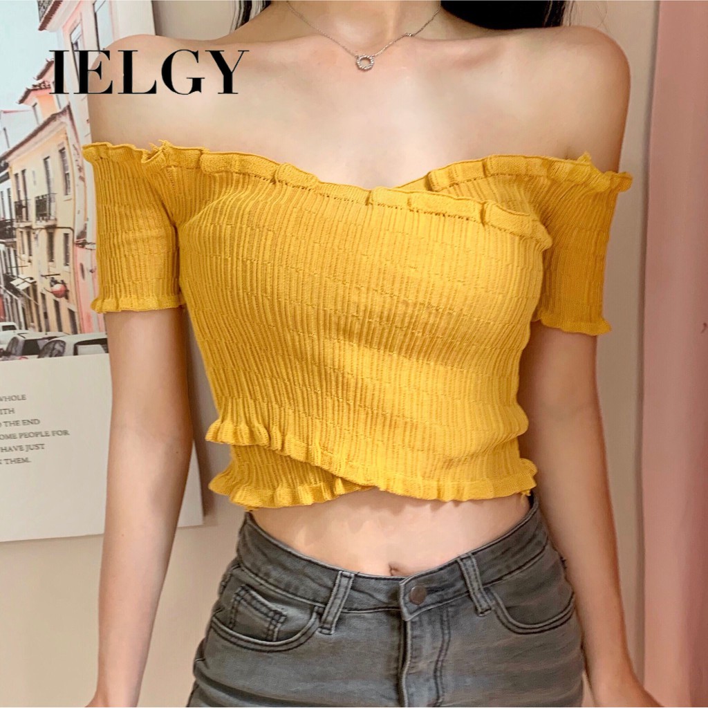 Ielgy Korean Version Of The Cross Word Neck Off Shoulder Short Top Women 2022 New Slim Fit 