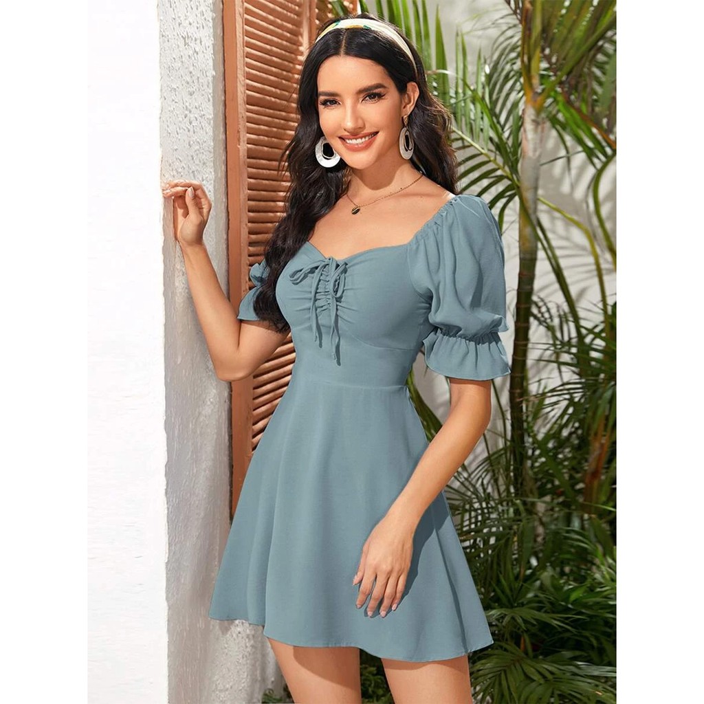 Melody Puff Sleeve Dress Front Tie 12123# | Shopee Philippines