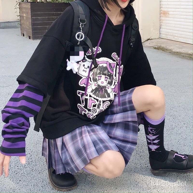 QWEEK E Girl Kawaii Hoodies Women Tracksuit Black Hoodie with