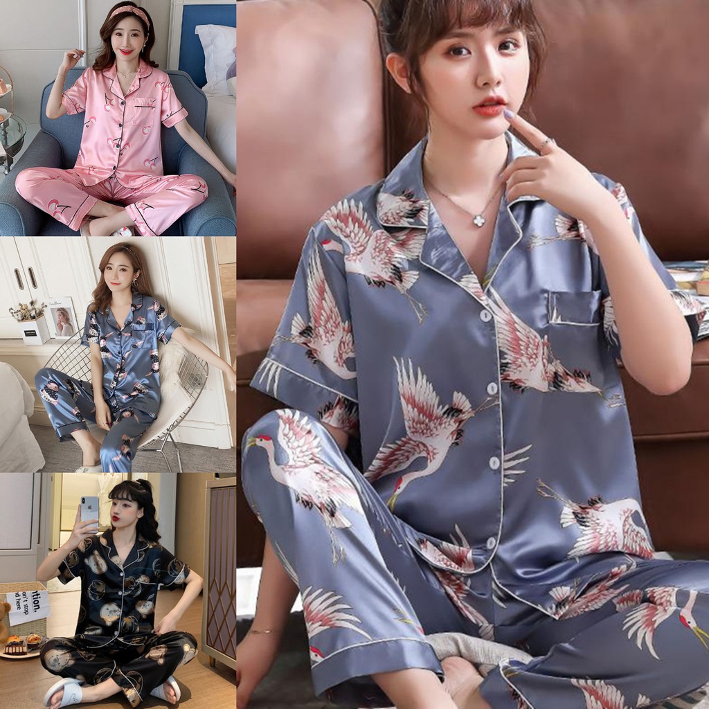 Animal Design Plus Size M-5XL 2PCS/Set Women Silk Satin Pajama terno ...