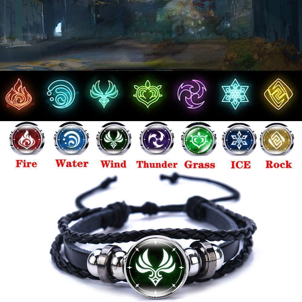 Lot De 7 Bracelets Réglables Genshin Impact – Bracelets Lumineux Œil De Dieu Élémentaires (Feu, Glace, Vent, Herbe, Roche, Tonnerre, Eau)