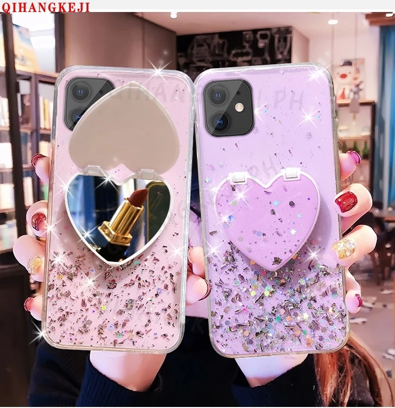 Glitter Phone Case Heart Shaped Mirror Bracket Cover Protective Shell ...