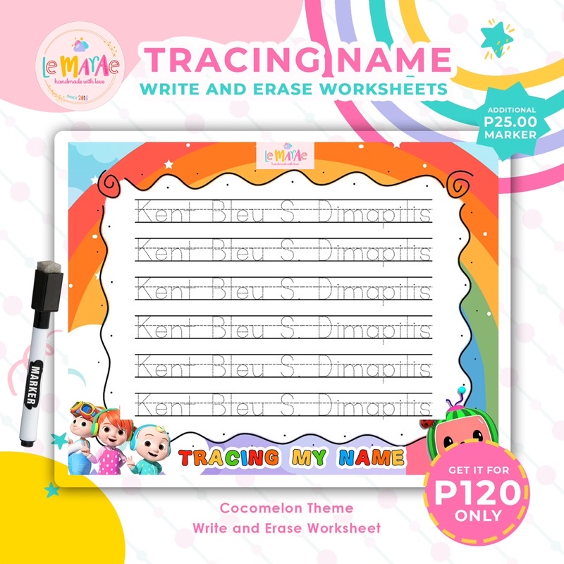 COCOMELON THEME ALPHABET NUMBERS PERSONALIZED NAME Write and Erase ...