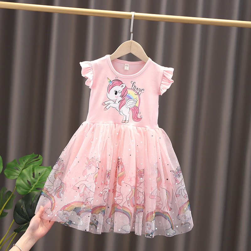 1 9 years old Cotton Girl Unicorn Dress Baby Fashion Puffy Gauze Princess Dress Short Sleeve Shopee Philippines