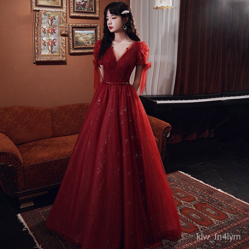 Fast delivery Red Long gown Elegant Evening gown VNeck Tulle Sequin