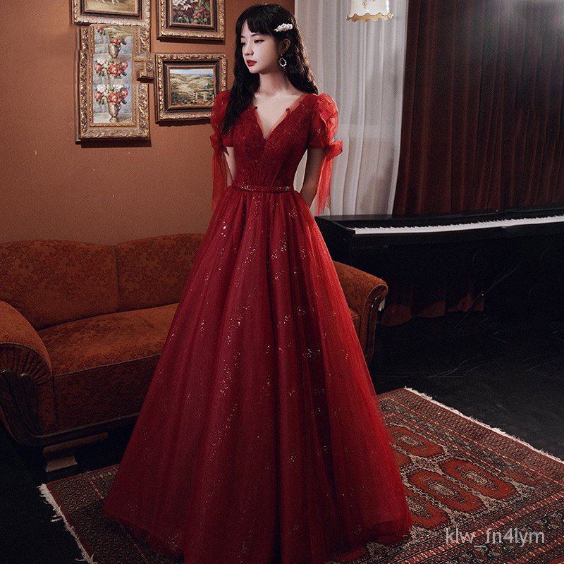 Fast delivery Red Long gown Elegant Evening gown V-Neck Tulle Sequin ...