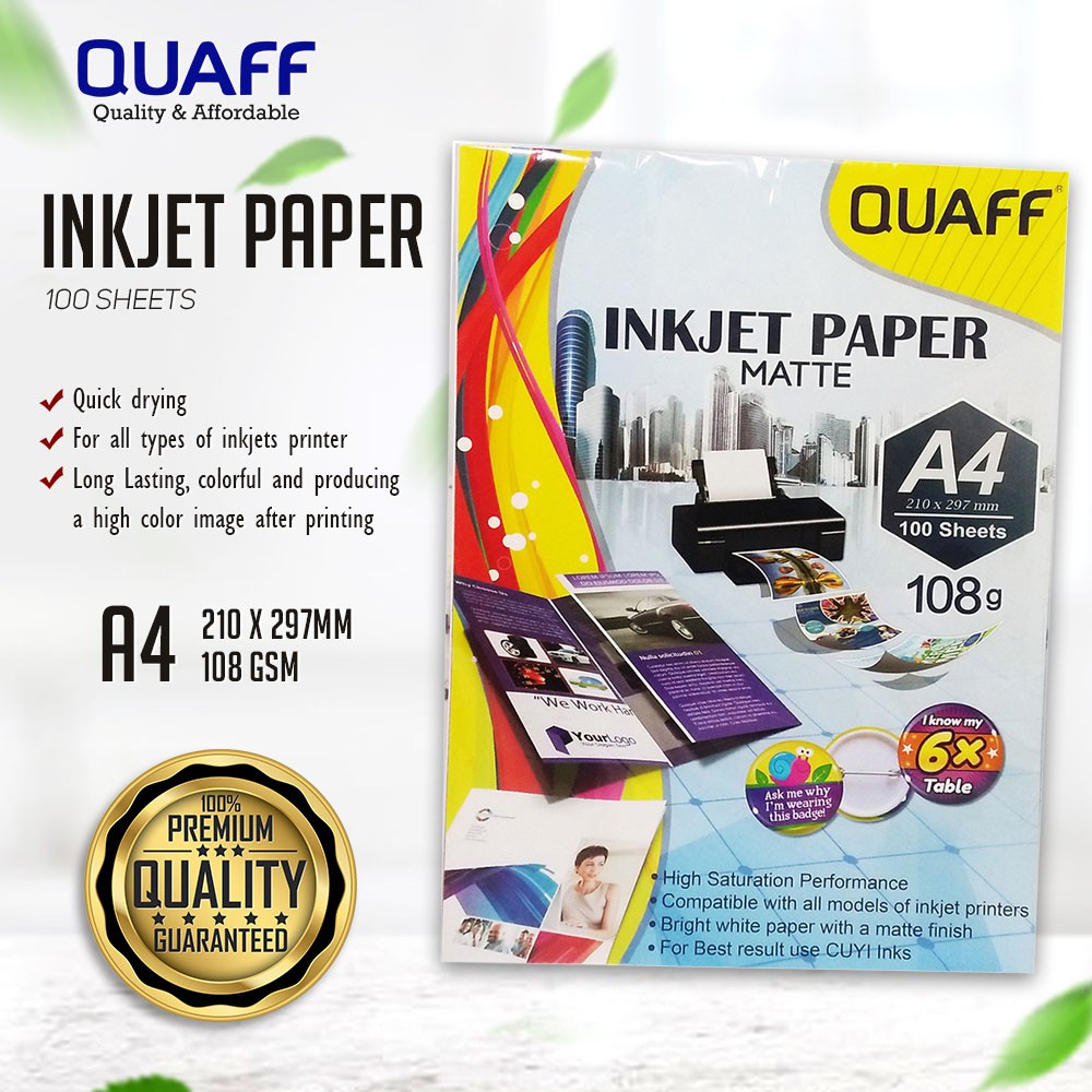 QUAFF Inkjet Paper 108Gsm A4 Matte for Flyers & Photo Insert Button ...