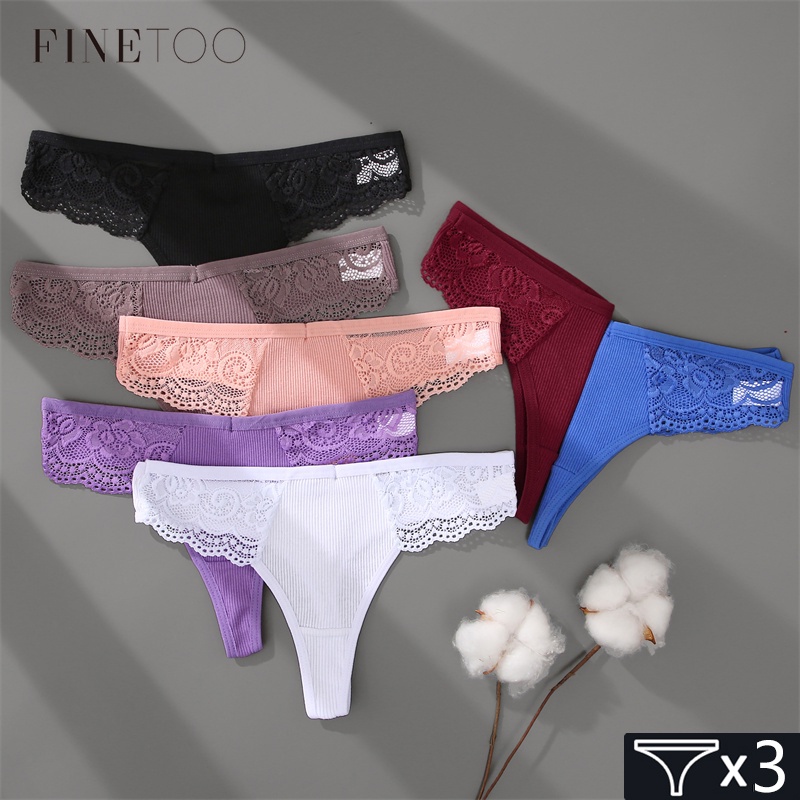 FINETOO 3pcs/Set Women's Cotton Thong Lace Bikini Panties S-XL Soft Female  Lingerie