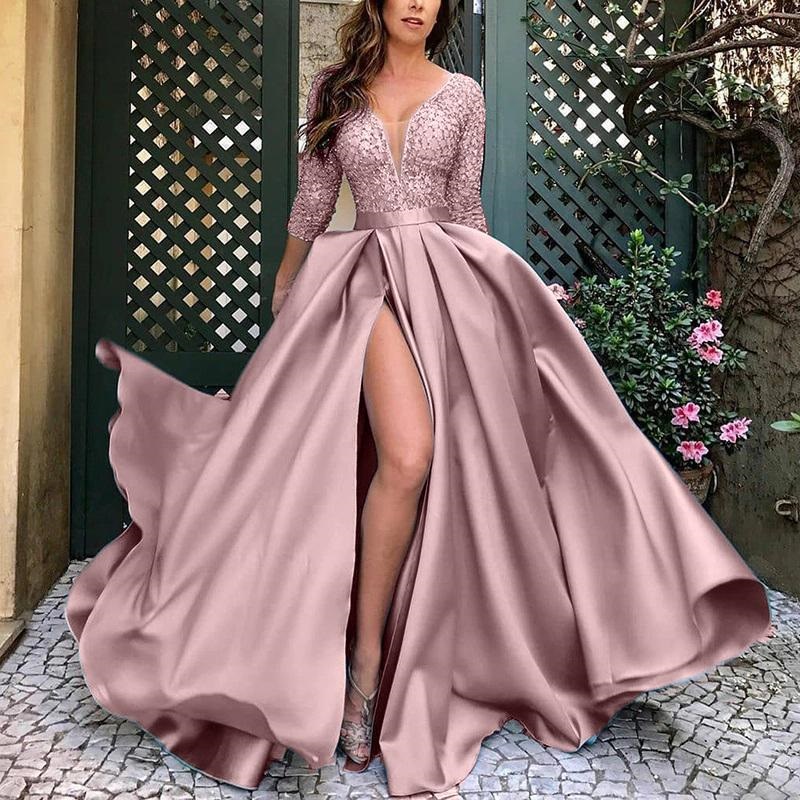 Women s Lace Sequins Banquet Evening Dress Mid Sleeve V Neck Sexy Satin Split Dresses Dinner Cocktail Wedding Party Gown