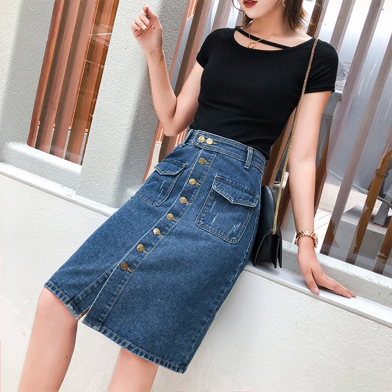 Plus Size S 5XL Women Denim Pencil Skirt Spring Summer Autumn Fashion Casual Buttons Pocket Elastic Stretch High Waist Knee Length Slim Bodycon Package Hip Jean Midi Skirt Blue Shopee Philippines