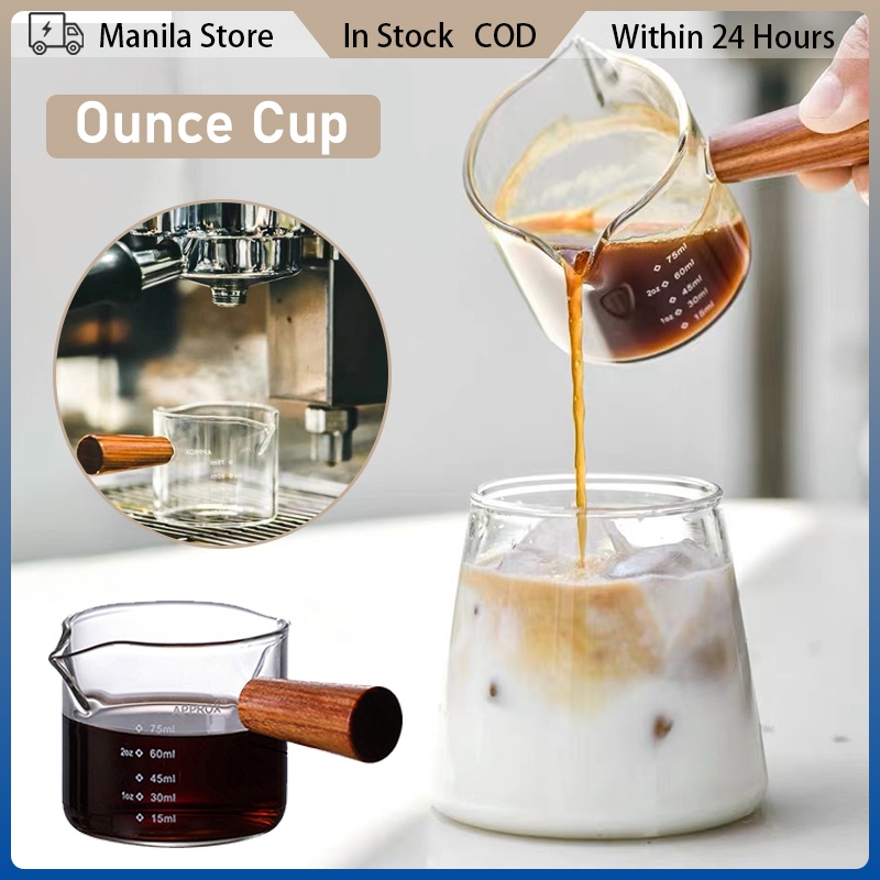 Espresso Measuring Cup With Wooden Handle Double Spouts Creamer Glass ...