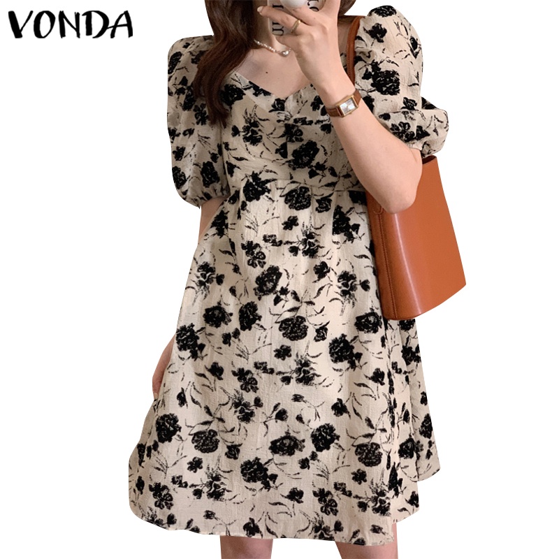 Women's Off-The-Shoulder Boho Dress - Floral Puff Sleeve, Square Neck, Knee-Length A-Line Summer Dress