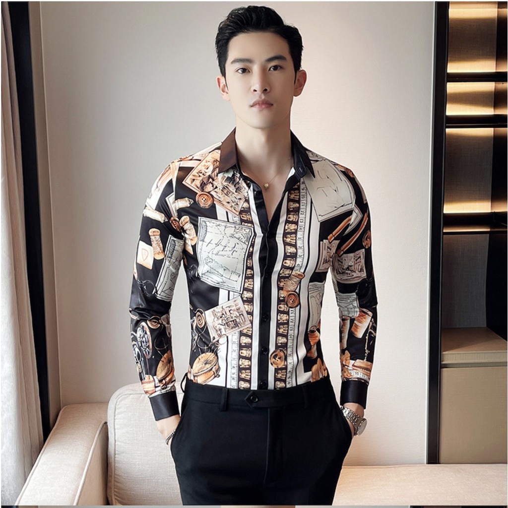 2021 New Fashion Design Flora Retro Printed Mens Long Sleeve Dress