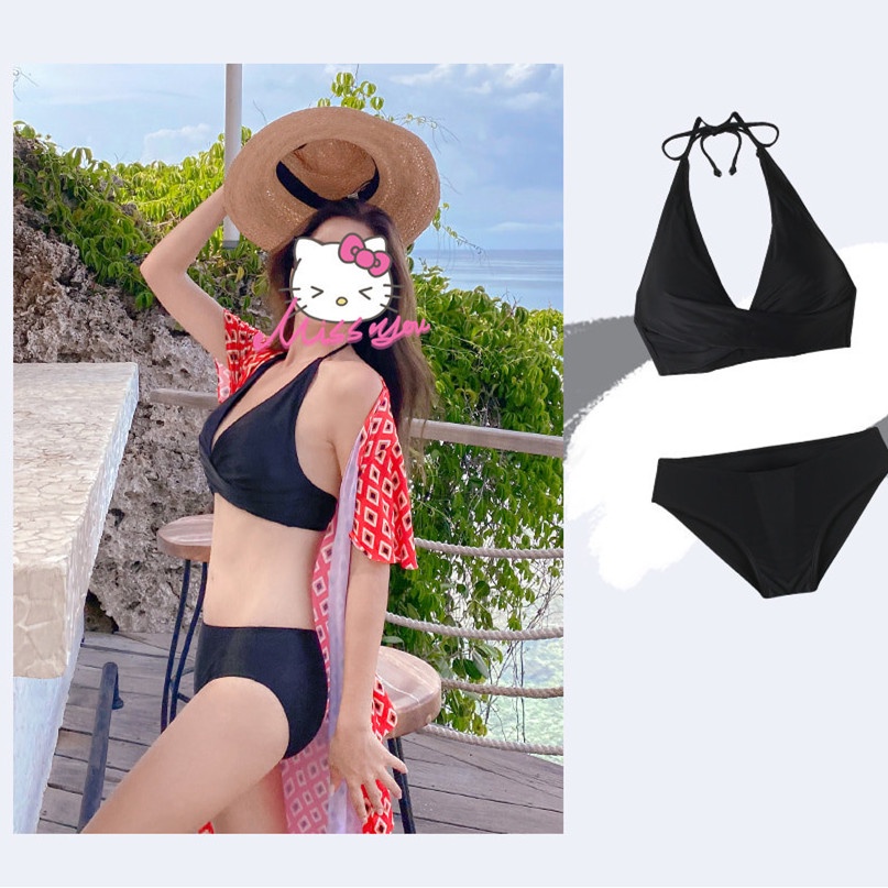 Sexy Two Piece Swimsuit Halterneck Bikini Beach Outfit Korean Swimwear Padded for Women Black Green Pink