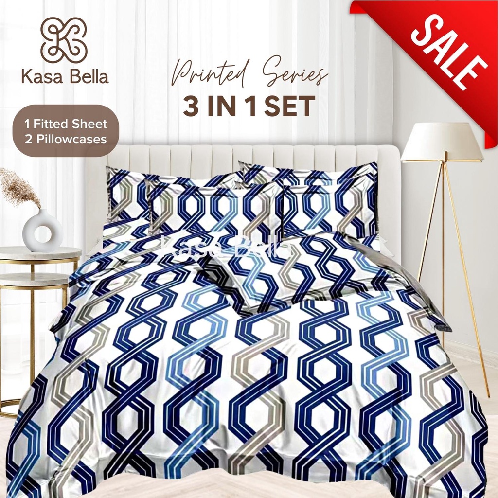 Kasa Bella 3 in 1 Bed Sheet with Pillow Case Blue & White Printed