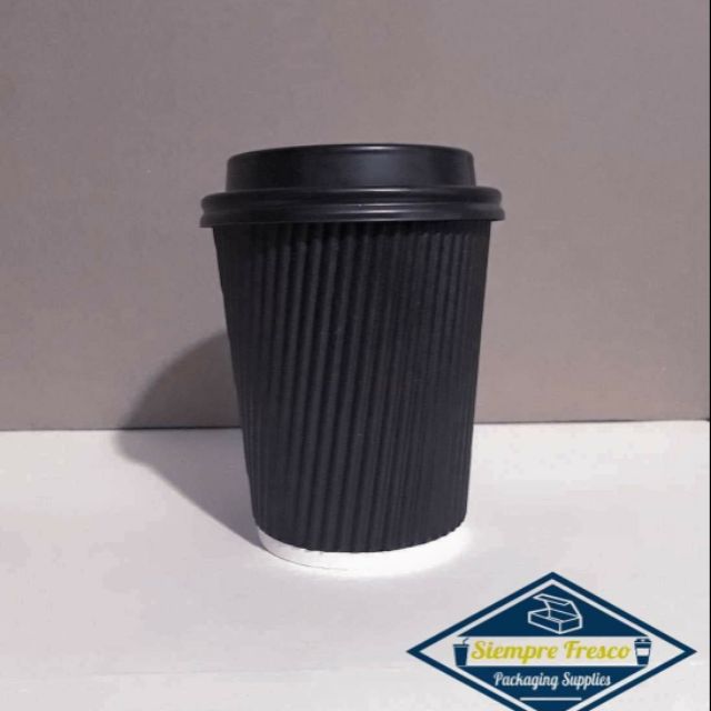 Rippled Black Coffee Cups with Lid 12oz (50pcs)