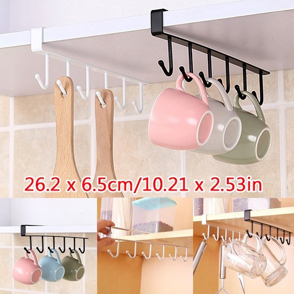 6 Hooks Mug Cup Under Shelf Metal Hanger Storage Rack Kitchen Cupboard ...