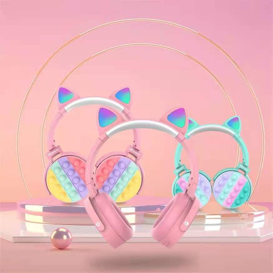 Bluetooth Headphone Cat Ear Wireless Headset Silicone POP It Fidget ...