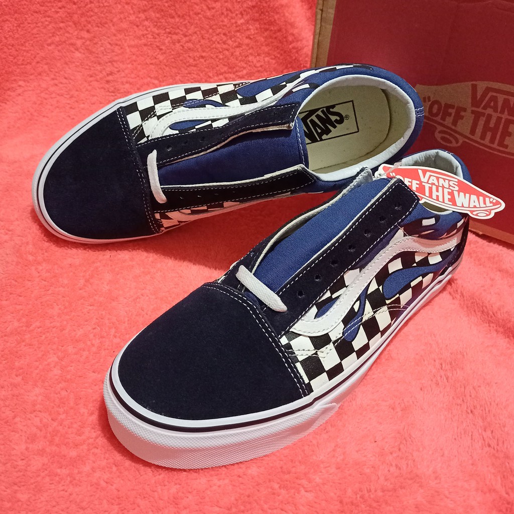 Vans old skool checkerboard flame navy & white outlet skate shoes