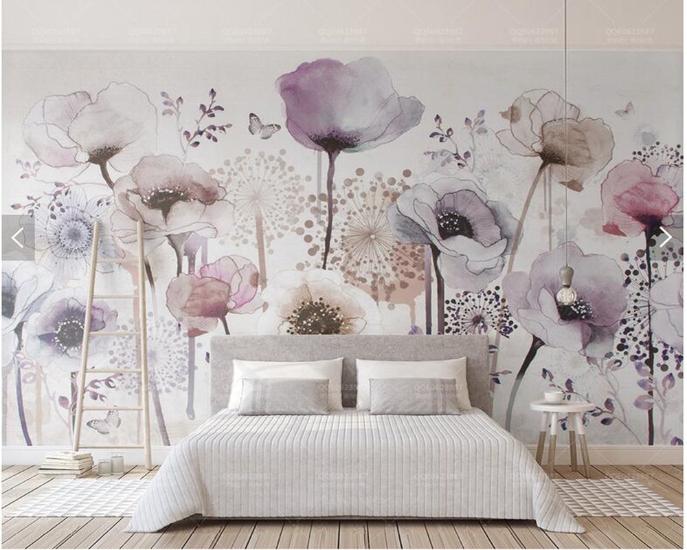 Custom 3D wallpaper flower, lilac flower watercolor murals for living ...