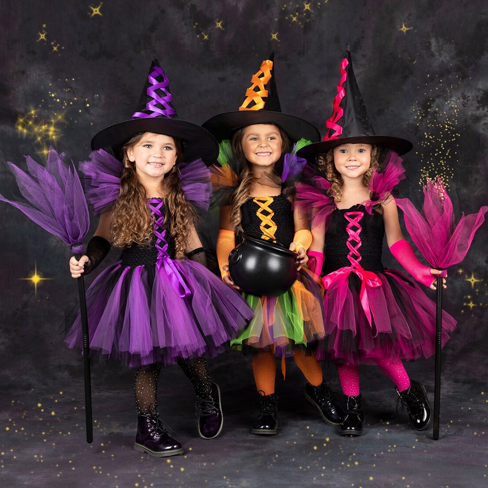 Girls Witch Halloween Costume Set With Hat & Broom - Witch Dress For Kids, Trick Or Treat Outfit For Theme Parties & Cosplay - View #9
