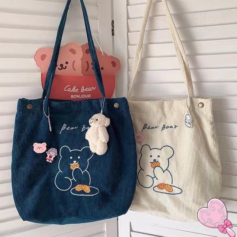 WeHottie Japanese New Fashion Cute Bear Corduroy Simple Tote Bag ...