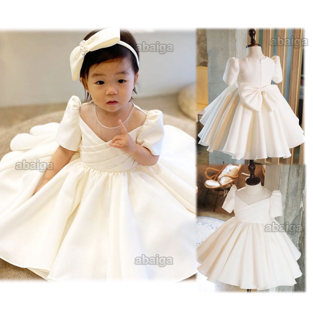 Christening Dress White Gown for Baby Girl Puff Sleeve Bow Princess ...