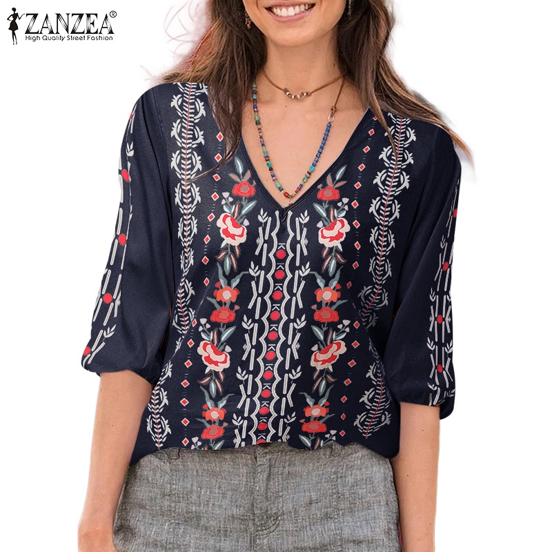 ZANZEA Women European Casual Vintage Bohemian Print V-Neck 3/4