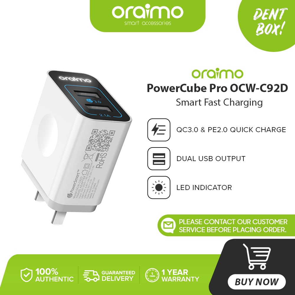 Oraimo Power Cube Pro OCW-C92D QC3.0 & PE 2.0 Smart Fast Charger I Led ...