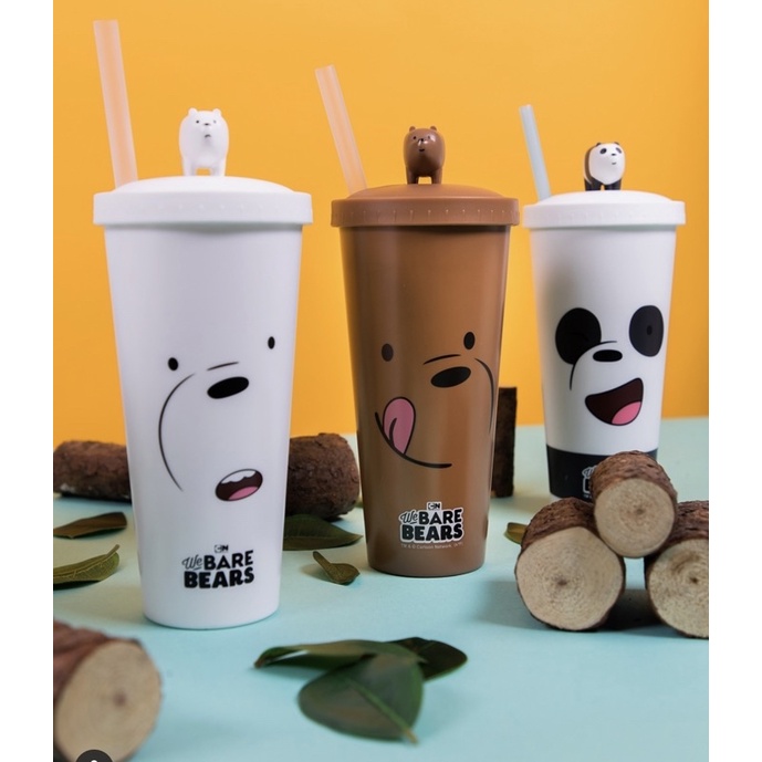 Miniso We Bare Bears Collection 19.3 Oz Steel Water Bottle with Straw
