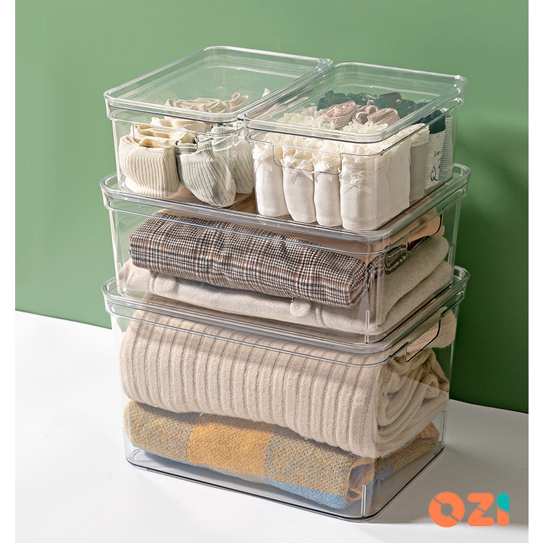 OZI Multi-purpose stackable clear plastic organizer storage bins w/ lid ...