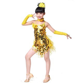 Lolanta 4 Pcs Kids Girls Sequins Latin Dance Costume Tassels Cha-Cha Salsa  Rumba Dancewear