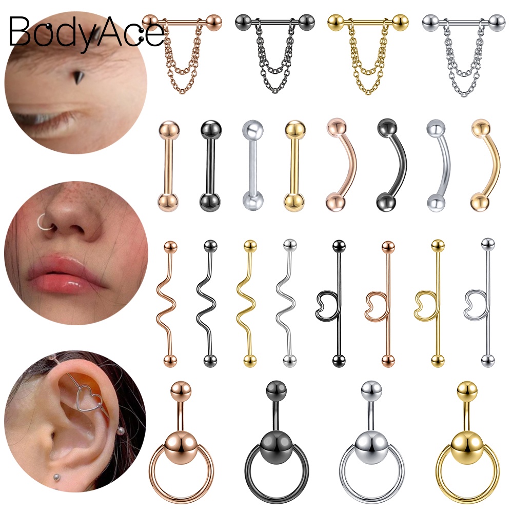 Bodyace 6 Pcs Stainless Steel Nose Rings Heart Industrial Barball