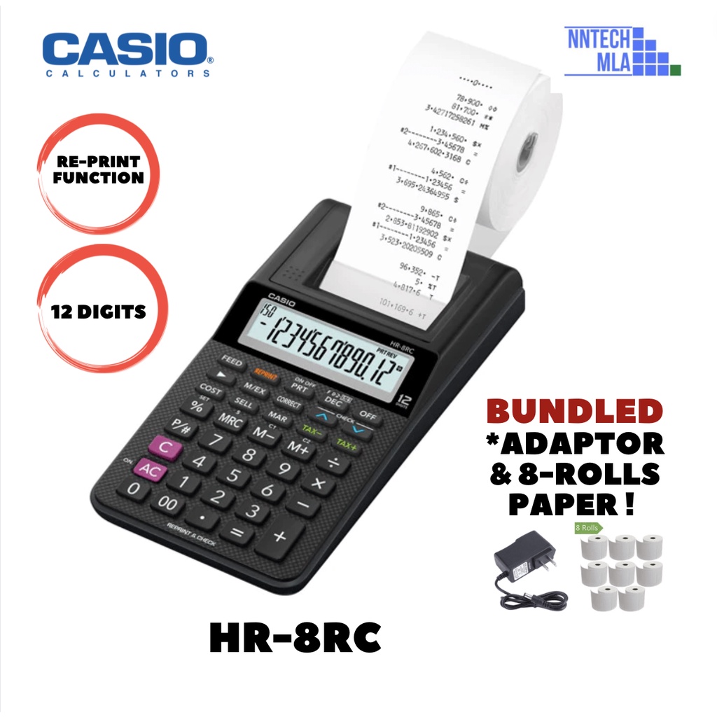 Casio HR8RC Printing Calculator w/ Power Adaptor & 8pcs Roll Paper ...