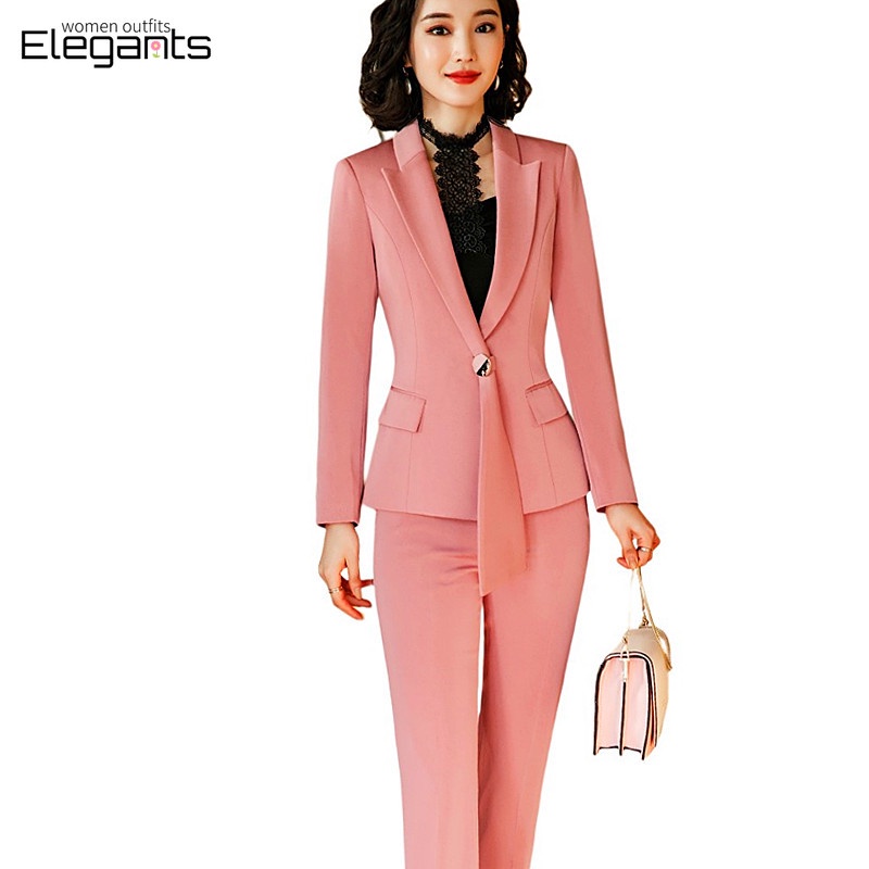 Pink Pant Suits Women Office Lady Work Wear Jacket Blazer and Trousers ...