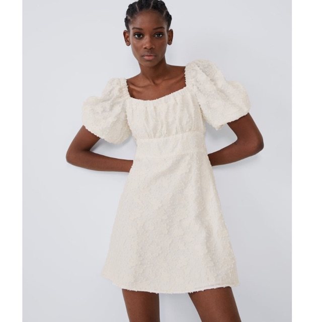 Zara puff store sleeve dress white